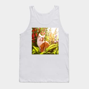 Patterned white orange Cat Chilling in the garden surrounded by flowers Tank Top